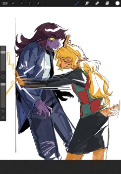 2girls animal_ears art_program_in_frame black_skirt blonde_hair blue_jacket brown_hair closed_eyes clothing_cutout colored_sclera colored_skin cowboy_shot deer_ears deer_girl deer_tail deltarune from_side furry furry_female furry_with_furry highres jacket kabedon long_hair moyi7239 multiple_girls noelle_holiday profile purple_skin skirt standing susie_(deltarune) tail tail_through_clothes tail_wagging utdr_(toby_fox) vest yellow_sclera yuri