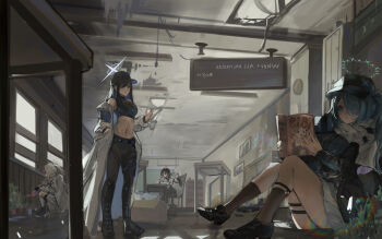 4girls absurdres arius_squad_(blue_archive) atsuko_(blue_archive) baseball_cap black_hair black_leggings black_shirt blue_archive boots breasts coat crop_top desk hair_over_one_eye halo hat high_heels highres hiyori_(blue_archive) hood hooded_jacket ian46166491 jacket kneehighs lace-up_boots leggings long_hair medium_breasts midriff misaki_(blue_archive) multiple_girls purple_hair saori_(blue_archive) scarf shirt short_hair sleeveless sleeveless_shirt socks watering white_coat white_scarf