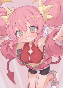 1girl armpits bike_shorts blonde_hair blush breasts commentary_request crop_top cropped_vest demon_girl demon_tail duel_monster green_eyes grin hair_between_eyes hair_ornament highres jacket ki-sikil_(yu-gi-oh!) live_twin_ki-sikil long_hair long_sleeves looking_at_viewer medium_breasts midriff multicolored_hair navel off_shoulder pink_background pink_hair pink_jacket pink_shoes shoes sidelocks smile sneakers solo tail takatsurt teeth twintails two-tone_hair vest yu-gi-oh! zipper