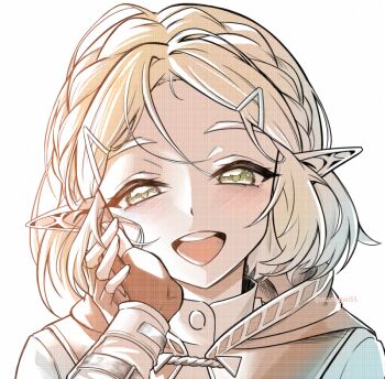 blush braid cloak couple crown_braid fingerless_gloves gloves green_eyes hair_ornament hairclip hand_on_another&#039;s_cheek hand_on_another&#039;s_face hetero holding_hands link looking_at_viewer manggwi55 nintendo open_mouth parted_bangs pointy_ears princess_zelda short_hair sidelocks smile the_legend_of_zelda the_legend_of_zelda:_tears_of_the_kingdom white_background
