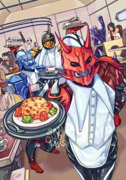 2girls 5boys arm_up armor armor_under_clothes bear black_eyes blue_armor boots cheering coffee coffee_mug crayon crossdressing cup dishes dragon drawing_(action) drinking flag food fried_rice gloves hana_(kamen_rider_den-o) hand_on_own_hip hand_up hat holding holding_tray kamen_rider kamen_rider_den-o_(series) kintaros large_collar looking_at_viewer male_focus momotaros mug multiple_boys multiple_girls naomi_(kamen_rider_den-o) nogami_ryoutarou oni orange_eyes people plate purple_armor red_armor red_boots red_gloves ryutaros sanchomps serving shirt sleeveless sleeveless_shirt spoon train train_interior tray turtle urataros waitress_uniform watch wristwatch wristwatch_over_clothes yellow_armor yellow_eyes