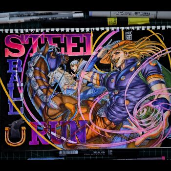 2boys adjusting_clothes adjusting_headwear american_flag american_flag_print arm_warmers armband art_tools_in_frame artist_name bag ball beanie beard belt belt_buckle blonde_hair blue_bridal_gauntlets blue_eyes blue_lips blue_pants bridal_gauntlets brown_belt brown_hat brown_pants buckle cape commentary copyright_name cowboy_hat english_commentary facial_hair flag_print gold_teeth green_cape green_lips gyro_zeppeli hat heart_ornament highres holding holding_ball holding_reins holster hood hood_down hoodie horse horseback_riding horseshoe horseshoe_hat_ornament horseshoe_ornament johnny_joestar jojo_no_kimyou_na_bouken long_hair looking_at_viewer male_focus marker_(medium) maya_panda medium_hair multiple_boys open_mouth orange_sleeves pants photo_(medium) purple_armband purple_shirt purple_sleeves red_sleeves reins riding saddle shirt short_sleeves slow_dancer_(jojo) smile spinning star_(symbol) star_print steel_ball_(jojo) steel_ball_run toned toned_male traditional_media two-tone_sleeves valkyrie_(jojo) white_hat white_hoodie white_sleeves