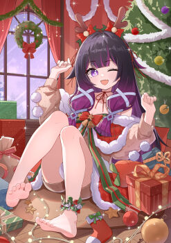 1girl ;d absurdres alternate_costume antlers barefoot black_hair bow bowtie capelet christmas_ornaments christmas_tree collarbone columbina_(genshin_impact) commentary_request curtains fake_antlers fang full_body fur-trimmed_capelet fur_trim genshin_impact gift gradient_hair hands_up highres horns indoors long_hair long_sidelocks looking_at_viewer multicolored_hair one_eye_closed open_mouth purple_eyes purple_hair red_bow red_bowtie red_capelet reindeer_antlers sidelocks sitting skin_fang smile solo toes very_long_hair window wreath yaoli_(ysxbd)