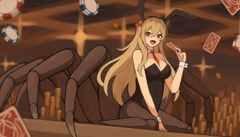1girl :d absurdres animal_ear_hairband animal_ears arachne arthropod_girl arthropod_limbs bare_shoulders black_leotard blonde_hair blush breasts carapace card casino cleavage coin_stack collarbone commentary_request covered_navel detached_collar extra_legs fake_animal_ears fangs floating_card hair_between_eyes hair_ornament hairband highres holding holding_card indoors insect_girl large_breasts leotard long_hair looking_at_viewer monster_girl multiple_legs necktie open_mouth original pantyhose playboy_bunny playing_card poker_chip rabbit_ears red_eyes red_necktie scalaplace sitting smile solo spider_girl strapless strapless_leotard taur tsukimi wrist_cuffs