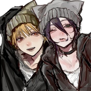 1boy 1girl animal_ear_headwear black_choker black_jacket blonde_hair chainsaw_man choker denji_(chainsaw_man) fake_animal_ears green_eyes grenade_pin hair_between_eyes hat highres hood hood_down hood_up hooded_jacket jacket leigh_113n long_hair_between_eyes looking_at_another looking_at_viewer looking_to_the_side one_eye_closed open_mouth reze_(chainsaw_man) selfie sharp_teeth taking_picture teeth upper_body white_background