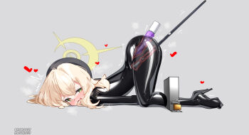 1girl absurdres alternate_costume anal anal_object_insertion bdsm beret black_bodysuit black_hat blonde_hair blue_archive bodysuit bound cane cervical_penetration cervix deep_penetration double_penetration fluffy_hair green_eyes halo hat heart heart-shaped_pupils highres impossible_bodysuit impossible_clothes latex latex_bodysuit long_hair maguro27 object_insertion professor_niyaniya_(blue_archive) restrained skin_tight solo stationary_restraints symbol-shaped_pupils top-down_bottom-up vaginal vaginal_object_insertion x-ray yellow_halo