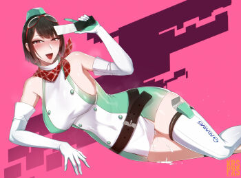 1girl bare_shoulders black_eyes black_hair blush breasts breath cellphone commentary cum cum_on_body cum_on_crotch digimon digimon_story:_time_stranger dress elbow_gloves english_commentary flip_phone gloves goggles goggles_on_head green_dress green_hat hat heart heart-shaped_pupils highres holding holding_phone kairos+ large_breasts lying microdress on_side open_mouth phone pink_background red_scarf scarf short_hair sideboob simple_background single_thighhigh solo symbol-shaped_pupils thighhighs two-tone_dress white_dress white_gloves white_thighhighs yuuki_kanan
