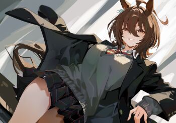 Rule 34 | 1girl, absurdres, agnes tachyon (umamusume), ahoge, animal ears, black jacket, black skirt, brown hair, brown tail, cardigan, collared shirt, commentary request, dutch angle, grey cardigan, hair between eyes, hair intakes, highres, horse ears, horse girl, horse tail, huge ahoge, jacket, long hair, long hair between eyes, long sleeves, looking at viewer, medium hair, miniskirt, necktie, open clothes, open jacket, pleated skirt, puffy long sleeves, puffy sleeves, red eyes, red necktie, shirt, skirt, sleeves past wrists, smile, solo, tail, thighs, umamusume, white shirt, yoojp