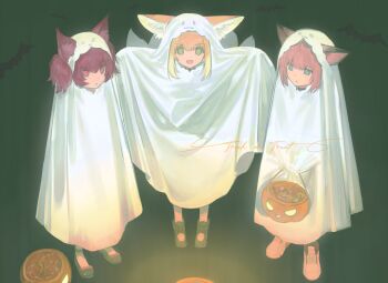 3girls absurdres animal_ears arknights blonde_hair blue_eyes fox_ears fox_girl fox_tail ghost_costume green_eyes halloween highres multiple_girls pink_hair purple_eyes purple_hair shamare_(arknights) sussurro_(arknights) suzuran_(arknights) tail yuishironeko