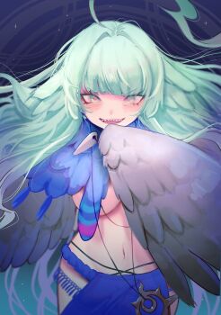 1girl ahoge blue_loincloth blush breasts brown_feathers brown_wings commentary_request fate/grand_order fate_(series) feather_capelet feathered_wings feathers green_eyes green_hair harpy highres huge_ahoge jewelry large_breasts long_hair looking_at_viewer louhi_(fate) louhi_(third_ascension)_(fate) monster_girl navel necklace open_mouth pink_pupils sharp_teeth solo teeth tooth_necklace underboob winged_arms wings yunu_nuyu