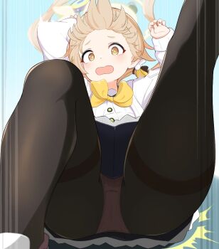 1girl black_pantyhose blonde_hair blue_archive blush bow bowtie halo hifumi_(blue_archive) loli long_sleeves open_mouth panties panties_under_pantyhose pantyhose pcaccount13 school_uniform solo thighs underwear yellow_bow yellow_eyes yellow_halo