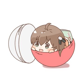 :d ahoge aqua_eyes black_ribbon brown_hair cat_hair_ornament chibi gacha_(game_mechanic) gashapon hair_between_eyes hair_ornament hair_ribbon hololive in_container martha_whitesky natsuiro_matsuri open_mouth orange_shirt peeking_out ribbon shirt short_hair side_ponytail skirt smile solo virtual_youtuber white_skirt