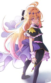 1girl absurdres antenna_hair back black_bow black_capelet black_dress blonde_hair bow brooch capelet commentary_request cure_arcana_shadow dress hair_bow hair_intakes heart heart_brooch highres huleito jewelry long_hair looking_at_viewer looking_back magical_girl meitantei_precure! moria_luluka precure purple_eyes purple_veil shadow signature solo veil white_background wrist_cuffs