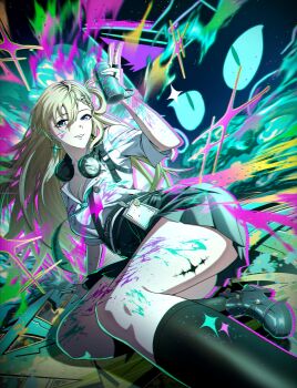 1girl absurdres aqua_eyes black_shoes black_skirt black_socks blonde_hair braid braided_bangs breasts cleavage colorful_background commentary hair_between_eyes hair_ornament headphones headphones_around_neck highres holding holding_spray_can id_card long_hair looking_at_viewer lynae_(wuthering_waves) medium_breasts paint parted_lips shirt shoes skirt skull_hair_ornament smile socks solo soon_(yjwx8242) spray_can tacet_mark_(wuthering_waves) white_shirt wuthering_waves