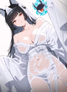1girl absurdres animal_ear_fluff animal_ears black_hair blunt_bangs braid breasts breasts_apart collarbone commentary fox_ears fox_girl from_below grey_background half_up_braid halloween_costume hands_up highres hoshimi_miyabi large_breasts long_hair long_sleeves looking_at_viewer looking_down navel nvl off_shoulder parted_lips red_eyes robe simple_background solo tailless_(zenless_zone_zero) wet white_robe zenless_zone_zero