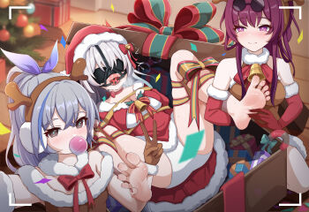 3girls a-utism alternate_costume ankle_grab ball_gag barefoot bdsm blindfold blush bondage bound box chinese_commentary christmas commentary_request crying feet femdom firefly_(honkai:_star_rail) foot_focus gag gagged gift gift_box highres honkai:_star_rail honkai_(series) kafka_(honkai:_star_rail) lying multiple_girls nail_polish ribbon ribbon_bondage silver_wolf_(honkai:_star_rail) soles spread_legs tickling tickling_feet toenail_polish toenails toes v variant_set viewfinder yuri