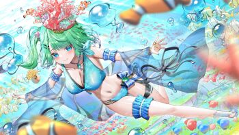 1girl arm_garter bikini black_ribbon blue_arm_garter blue_bikini blue_bow blue_bowtie blue_eyes blue_gem blue_nails bow bowtie bracelet breasts bubble cleavage clownfish collarbone commentary_request coral_reef crown fish frilled_thigh_strap gem green_hair hair_ornament highres indie_virtual_youtuber jewelry kiramarukou kumanomi_(vtuber) large_breasts midriff nail_polish navel necklace ribbon school_of_fish sea_anemone second-party_source see-through_clothes see-through_shawl shawl side_ponytail solo swimsuit thigh_strap tropical_fish underwater virtual_youtuber