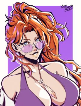 1girl bikini bleach bleach:_brave_souls blue_eyes breasts cleavage collarbone jewelry large_breasts long_hair matsumoto_rangiku mole mole_under_mouth necklace nico_artooo official_alternate_costume orange_hair parted_lips ponytail solo sunglasses swimsuit