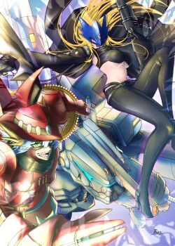 Rule 34 | 1boy, 1girl, ankle gun, beelstarmon, black coat, black pants, black shirt, blonde hair, blue hair, blue mask, breasts, coat, cropped shirt, digimon, digimon (creature), eye mask, finger on trigger, green eyes, gun, gundramon, hat, highres, holding, holding gun, holding weapon, jiyuuya, large breasts, magnakidmon, mask, non-humanoid robot, open mouth, pants, purple eyes, red hat, robot, robot dragon, shirt, third eye, underboob, weapon