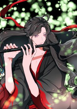 1boy absurdres ahoge black_hair black_hanfu blurry blurry_background bokeh chenqing_flute chinese_clothes coat depth_of_field dizi floating_hair flute flute_tassel grey_coat hair_down hair_ribbon half_updo hands_up hanfu highres holding holding_flute holding_instrument instrument light_particles long_hair long_sleeves looking_at_viewer male_focus modao_zushi music naruse_(kmk648) official_alternate_costume official_alternate_hairstyle open_clothes open_coat parted_lips pectoral_cleavage pectorals playing_flute playing_instrument red_eyes red_ribbon red_sash ribbon robe sash solo tassel transverse_flute upper_body wei_wuxian wei_wuxian_(yiling_laozu) wide_sleeves