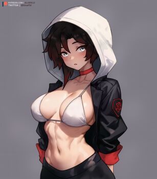 1girl :o absurdres arms_behind_back bikini bikini_top_only bikini_under_clothes black_hair black_jacket black_pants bluefield blush breasts choker cleavage collarbone floral_print gradient_hair grey_background grey_eyes hair_between_eyes highres hood hood_up hooded_jacket jacket large_breasts linea_alba looking_at_viewer multicolored_hair navel open_clothes open_jacket pants parted_lips patreon_logo patreon_username red_choker red_hair rose_print ruby_rose rwby short_hair simple_background solo stomach swimsuit toned twitter_username upper_body watermark web_address white_bikini white_hood