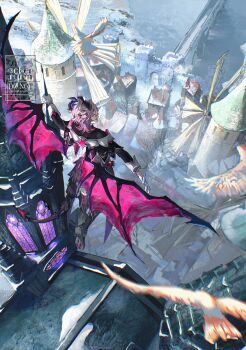 1boy ^_^ artist_name bare_tree bird black_boots black_capelet black_horns black_jacket boots bridge building capelet cathedral church closed_eyes closed_mouth colored_eyelashes commentary day dragon_boy dragon_horns dragon_tail dragon_wings durin_(genshin_impact) english_commentary flying genshin_impact gloves hair_between_eyes highres horns house instagram_logo jacket long_sleeves male_focus medium_hair mondstadt_city open_mouth outdoors outstretched_arms pants purple_hair ryrmcher sleeve_cuffs smile snow spread_arms stained_glass tail tree twitter_username twitter_x_logo vision_(genshin_impact) water watermark white_gloves white_pants windmill wings winter