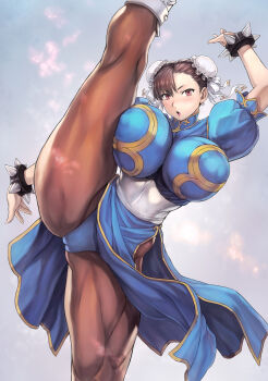 Rule 34 | blue dress, blush, bracelet, breasts, brown hair, brown pantyhose, bun cover, cameltoe, capcom, china dress, chinese clothes, chun-li, double bun, dress, earrings, hair bun, hashtag-only commentary, highres, huge breasts, jewelry, leg up, martial arts, mogudan, open mouth, pantyhose, puffy short sleeves, puffy sleeves, red eyes, sash, short sleeves, spiked bracelet, spikes, street fighter, thick thighs, thighs, wrist cuffs