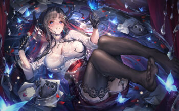 1girl absurdres bantish black_gloves black_hair black_thighhighs blue_butterfly blue_eyes blush breasts bug butterfly butterfly_ornament cat cleavage commentary_request crystal earrings envelope falling_petals feathers feet fireflies front-tie_top garter_straps gloves glowing_butterfly hair_ornament hair_spread_out hands_up highres holding holding_feather insect jewelry lace lace-trimmed_thighhighs lace_trim large_breasts legs legs_up light_particles long_hair looking_at_viewer lying meridian_project on_back parted_lips partially_submerged petals red_hair red_petals red_skirt sachi_(meridian_project) shirt shirt_tucked_in sidelocks skirt smile solo tassel tassel_earrings thighhighs thighs three-quarter_sleeves toes very_long_hair virtual_youtuber water wet white_shirt