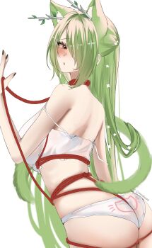 1girl acedia animal_ears antlers ass between_buttocks breasts ceres_fauna green_hair highres hololive hololive_english horns large_breasts long_hair mole mole_under_eye ribbon simple_background solo tree_horns virtual_youtuber white_background