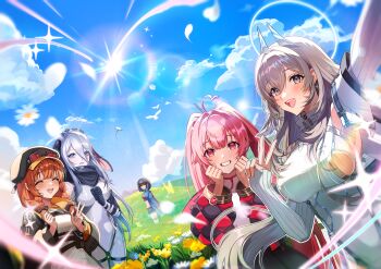 5girls :d absurdres ahoge bandaged_arm bandages bandeau bare_shoulders belt belt_pouch beryl_(chaos_zero_nightmare) black_belt black_bow black_hair black_hands black_hat black_jacket black_scarf black_shorts blue_eyes blue_jacket blue_sky blush bow braid breasts brown_hair bug butter_almond butterfly chaos_zero_nightmare clenched_hand clenched_hands closed_eyes closed_mouth cloud colored_extremities commentary dandelion day detached_sleeves earpiece facial_mark field flower flower_field gloves gluteal_fold goggles goggles_on_headwear grey_hair grin hair_between_eyes hair_bow hair_over_shoulder halo hat headgear highres insect jacket large_breasts lens_flare leotard long_bangs long_hair long_sleeves looking_at_viewer medium_breasts medium_hair mei_lin_(chaos_zero_nightmare) midriff mole mole_under_eye multicolored_hair multiple_girls narja_(chaos_zero_nightmare) newsboy_cap off_shoulder open_clothes open_jacket open_mouth outdoors pale_skin pink_eyes pink_hair pouch purple_hair red_bandeau ribbed_sleeves scarf sereniel_(chaos_zero_nightmare) shirt short_shorts shorts sideboob sidelocks sky smile standing teeth thigh_strap tressa_(chaos_zero_nightmare) twin_braids twintails two-tone_hair upper_teeth_only v white_leotard white_shirt white_sleeves