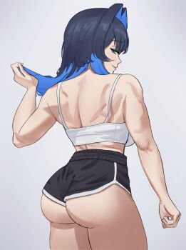 absurdres ass bare_shoulders blue_eyes blue_hair highres hololive hololive_english looking_at_viewer looking_back muscular ouro_kronii short_shorts shorts soapy_art sports_bra virtual_youtuber white_background