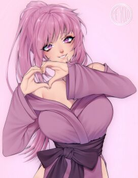1girl bare_shoulders breasts commentary commission cowboy_shot english_commentary heart heart_hands highres japanese_clothes kimono large_breasts long_hair long_sleeves looking_at_viewer nose original parted_lips pink_background purple_eyes purple_hair purple_kimono smile solo swept_bangs teyoid