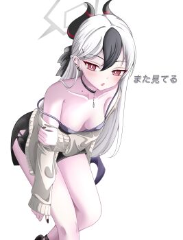 1girl absurdres black_choker black_dress black_hair black_horns black_nails blue_archive bow choker collarbone demon_horns diamond_necklace downblouse dress ear_piercing grey_halo grey_jacket hair_bow halo highres horns jacket kayoko_(blue_archive) kayoko_(dress)_(blue_archive) loang-lipe long_hair looking_at_viewer mole mole_on_collarbone official_alternate_costume piercing single_wing solo strap_slip studded_choker white_background white_hair wings