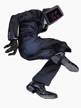 >_< 1boy android black_jacket black_pants black_shoes embarrassed highres isriune jacket library_of_ruina male_focus monitor nemo_(project_moon) object_head pants project_moon shoes simple_background solo white_background