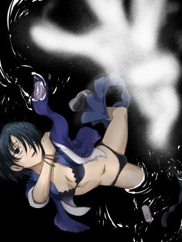 Rule 34 | 1girl, asymmetrical clothes, black background, black bra, black eyes, black hair, black panties, black socks, blue eyes, bra, bracelet, breasts, cardigan, commentary, coppelion, earrings, empty eyes, female focus, fog, hair over one eye, heterochromia, highres, ichikawa meisa, jewelry, m o (prftz), navel, open cardigan, open clothes, panties, parted lips, sandals, school uniform, serafuku, skirt, skirt around one leg, sleeves rolled up, small breasts, socks, solo, symbol-shaped pupils, underwear