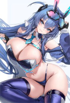 1girl :3 absurdres azur_lane blue_eyes blue_hair blue_panties blue_thighhighs freng hashtag-only_commentary highres looking_at_viewer navel new_jersey_(azur_lane) new_jersey_(black_blur_prelude)_(azur_lane) official_alternate_costume panties race_queen solo thighhighs underwear white_background