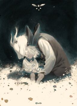 1boy 1other alternate_form animal_ears asriel_dreemurr asriel_dreemurr_(god_of_hyperdeath) blush book chara_(undertale) collared_sweater commentary_request darkness field flower flower_field furry furry_male goat_boy goat_ears heart heart_necklace highres holding holding_book horns jewelry korean_commentary leaning_on_person limited_palette necklace no_eyebrows no_eyes pale_color robe rooibos_yogurt short_hair shorts sitting striped_clothes striped_sweater sweater undertale utdr_(toby_fox) white_fur