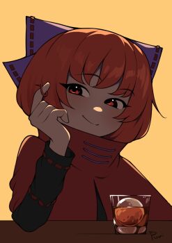 1girl artist_name black_shirt bow capelet closed_mouth cup elbow_on_table hand_in_own_hair long_sleeves looking_at_viewer medium_hair punidayo purple_bow red_capelet red_eyes red_hair sekibanki shirt smile solo table touhou upper_body yellow_background