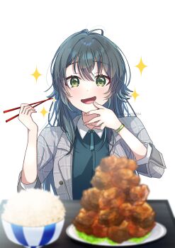 Rule 34 | 1girl, absurdres, antenna hair, blush, bowl, chicken (food), chopsticks, coat, commission, fingernails, food, fried chicken, gakuen idolmaster, green eyes, green hair, green shirt, grey coat, hair flaps, highres, holding, holding chopsticks, idolmaster, long hair, looking at food, pixiv commission, rice, shirt, smile, solo, sparkle, straight hair, suzuka 202224, transparent background, tsukimura temari