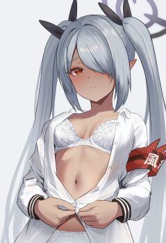 1girl absurdres armband blue_archive blush bow bow_panties bra breasts dark-skinned_female dark_skin grey_hair grey_halo hair_over_one_eye halo highres iori_(blue_archive) lace lace_bra lace_panties long_hair looking_at_viewer lpb medium_breasts navel open_clothes panties pointy_ears red_armband red_eyes shirt solo twintails unbuttoning underwear white_bra white_panties white_shirt