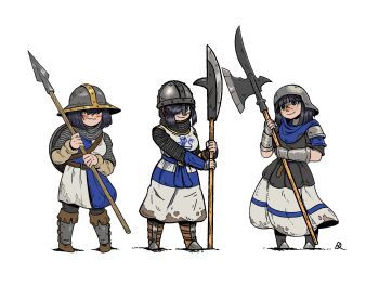 Rule 34 | 1girl, absurdres, age of empires (series), age of empires ii, black eyes, black hair, blush, character name, dirty, dirty clothes, gauntlets, hair over eyes, halberdier (age of empires 2), helmet, highres, holding, holding weapon, kabewski, looking at viewer, medium hair, pikeman (age of empires ii), short hair, short sleeves, simple background, smile, solo, spearman (age of empires ii), standing, weapon, white background