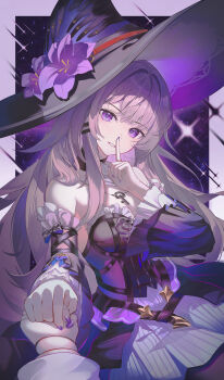 2girls absurdres ascot bare_shoulders black_choker black_dress black_hat black_pantyhose black_sleeves border breasts choker colored_inner_hair detached_sleeves doll_joints dress dual_persona eikou_no_kassai fingernails flower frills grey_hair hair_between_eyes hair_ornament hairclip hand_up hat hat_flower hat_ornament herta_(honkai:_star_rail) herta_(puppet)_(honkai:_star_rail) highres holding_hands honkai:_star_rail honkai_(series) index_finger_raised jewelry joints key key_necklace long_fingernails long_hair long_sleeves looking_at_viewer medium_breasts multicolored_hair multiple_girls nail_polish necklace o-ring outside_border pantyhose purple_border purple_eyes purple_flower purple_hair purple_hat purple_nails single_sidelock sleeveless sleeveless_dress smile solo_focus star_(sky) star_(symbol) star_symbol_background starry_sky_background strapless strapless_dress teeth the_herta_(honkai:_star_rail) two-sided_fabric two-sided_headwear two-tone_dress white_ascot white_dress wide_sleeves witch_hat