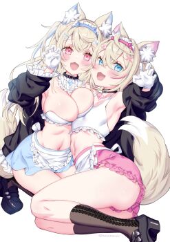2girls absurdres animal_ear_fluff animal_ears bandaid bandaid_hair_ornament belt belt_collar black_collar blonde_hair blue_eyes blue_hair breasts cleavage collar colored_inner_animal_ears dog_ears dog_girl dog_tail fake_horns frilled_shorts frills fuwawa_abyssgard hair_ornament hairband headband highres hololive hololive_english horn_hairband kamiya_maneki large_breasts long_hair looking_at_viewer mococo_abyssgard multicolored_hair multiple_girls navel open_mouth pink_belt pink_eyes pink_hair pink_hairband pink_headband shorts siblings simple_background sisters streaked_hair tail thighs twins virtual_youtuber white_background x_hair_ornament