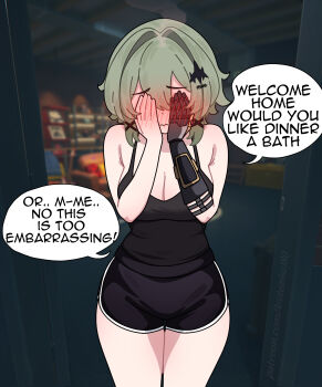 1girl absurdres alternate_costume arutemisu180 bare_shoulders black_shirt black_shorts blush breasts caesar_king_(zenless_zone_zero) cleavage closed_mouth commentary covering_face cowboy_shot dolphin_shorts doorway english_text full-face_blush game_screenshot_background green_hair hair_between_eyes hair_intakes hair_ornament hairpin highres large_breasts legs_together screenshot_background shirt short_hair shorts solo speech_bubble standing steam tank_top zenless_zone_zero