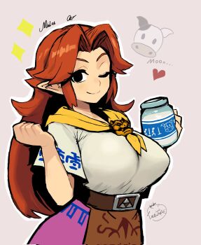 1girl belt bottle breasts curtained_hair highres large_breasts lon_lon_milk long_hair lunchiblz malon milk_bottle neckerchief nintendo one_eye_closed orange_hair pointy_breasts pointy_ears shirt sidelocks skirt smile solo the_legend_of_zelda the_legend_of_zelda:_ocarina_of_time