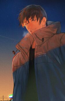 Rule 34 | 1boy, black hair, black shirt, commentary request, dated, fushiguro toji, grey jacket, happy birthday, highres, hood, hooded jacket, jacket, jujutsu kaisen, looking at viewer, male focus, naspibon ox, open clothes, open jacket, scar on lip, shirt, short hair, sky, smile, solo, sunset, upper body