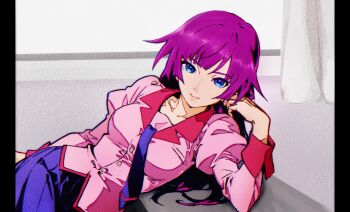 1girl absurdres bakemonogatari blue_necktie blue_skirt breasts closed_mouth collarbone collared_shirt commentary cowboy_shot curtains desk expressionless eyelashes grey_background highres indoors juliet_sleeves leaning_to_the_side long_hair long_sleeves looking_at_viewer medium_breasts monogatari_(series) naoetsu_high_school_uniform necktie pillarboxed pink_shirt pleated_skirt puffy_sleeves purple_hair sanketsu_(user_zxmp2323) school_desk school_uniform senjougahara_hitagi shirt skirt solo