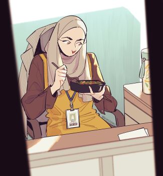 1girl bowl brown_eyes brown_shirt commentary dress eating english_commentary grey_hijab highres hijab holding holding_bowl holding_spoon lanyard original shirt sitting sleeveless sleeveless_dress solo spoon winchestermegg yellow_dress