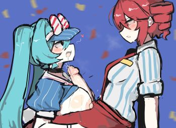 1futa 1girl ai-generated_art_(topic) alternate_breast_size_(larger) aqua_hair aroused black_choker black_eyes blue_background blue_shirt blush_stickers bow breast_rest breasts breasts_on_thighs breasts_out breath choker confetti derivative_work diagonal-striped_bow drill_hair drooling employee_uniform eye_contact fast_food_uniform from_side furrowed_brow futa_with_female futanari hair_bow hatsune_miku heart highres kasane_teto large_breasts large_penis long_hair looking_at_another m3link medium_breasts meme mesmerizer_(vocaloid) motion_blur nipples open_mouth pants penis pinstripe_pattern pinstripe_shirt precum profile puffy_short_sleeves puffy_sleeves red_eyes red_pants saliva sexually_suggestive sharp_teeth shirt short_sleeves side_drill sitting steam striped_bow striped_clothes striped_shirt suspenders synthesizer_v teeth miku_and_futa_teto_(meme) twintails twitching upper_body utau vertical-striped_clothes vertical-striped_shirt visor_cap vocaloid white_bow white_shirt