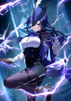1girl absurdres ascot black_corset black_pantyhose breasts button_gap clorinde_(genshin_impact) closed_mouth commentary corset electricity epaulettes fold-over_gloves framed_breasts genshin_impact gloves gun hair_between_eyes hat high-waist_skirt high_heels highres holding holding_gun holding_weapon large_breasts leg_up long_hair long_hair_between_eyes looking_at_viewer magic medium_breasts pantyhose pencil_skirt purple_ascot purple_eyes purple_hair shirt skirt solo taut_clothes taut_shirt tricorne turyee0322 weapon white_gloves white_shirt